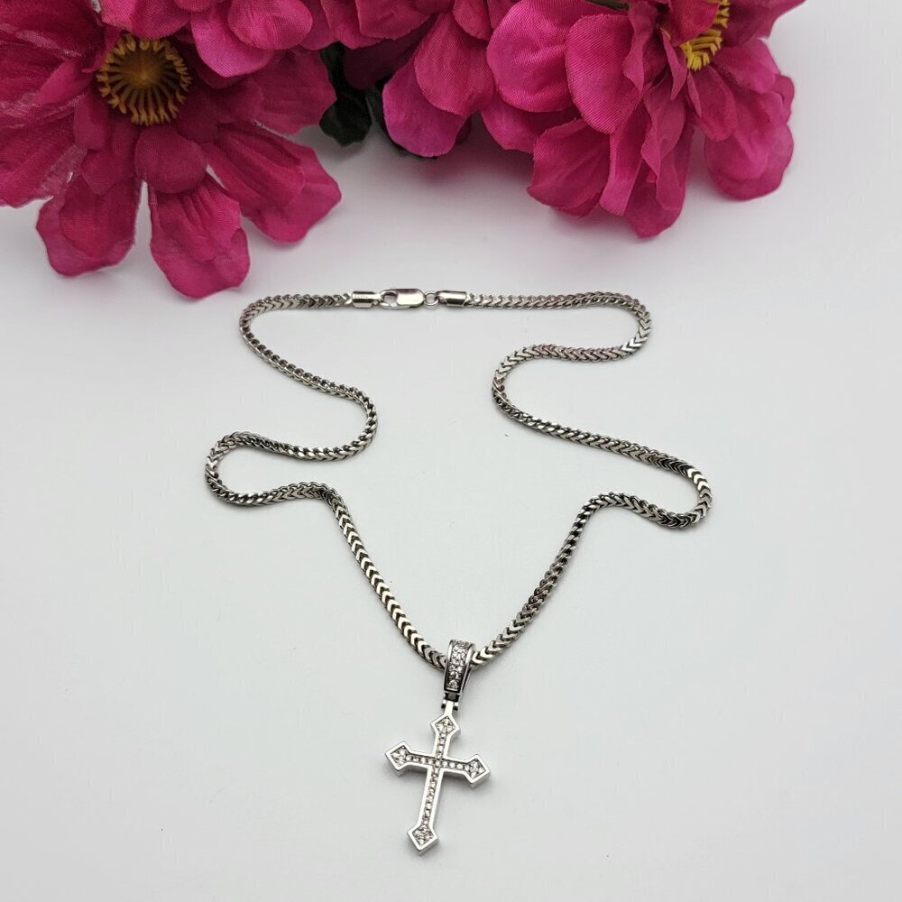 Diamond Cross Pendant 925 Sterling Silver Franco Chain Necklace 18" Signed GLD